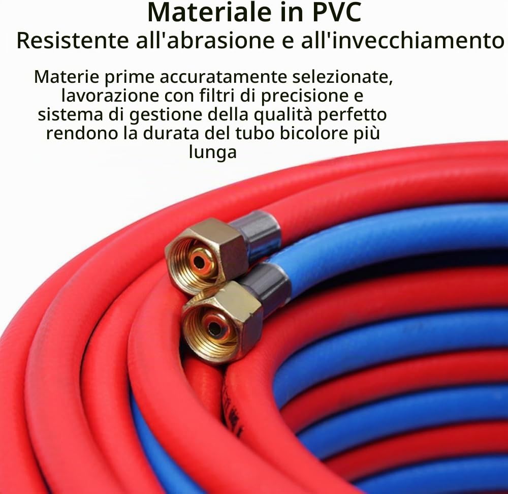 Tubo doppio industriale per ossigeno acetilene, tubo per saldatura a gas ad alta pressione da 8 mm con connettori in ottone M16, set di tubi da taglio rosso e blu (dimensioni: 5 m)