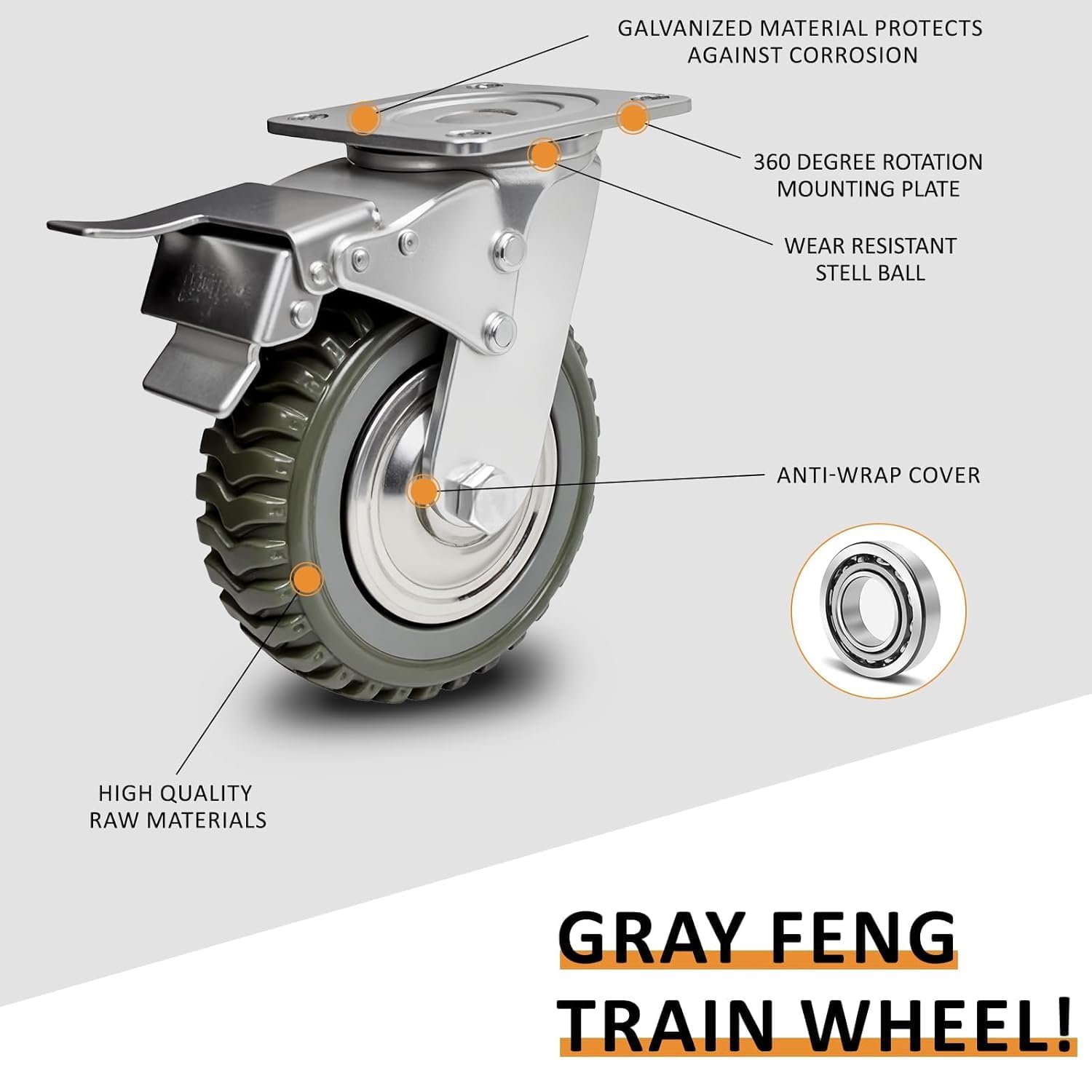 4 pezzi 150 mm di rotelle per carichi pesanti da 6 pollici, rotelle orientabili con freno, girevoli a 360°, rotelle per il trasporto in gomma piena, portata 1000 kg, 2 rotelle freno + 2 rotelle