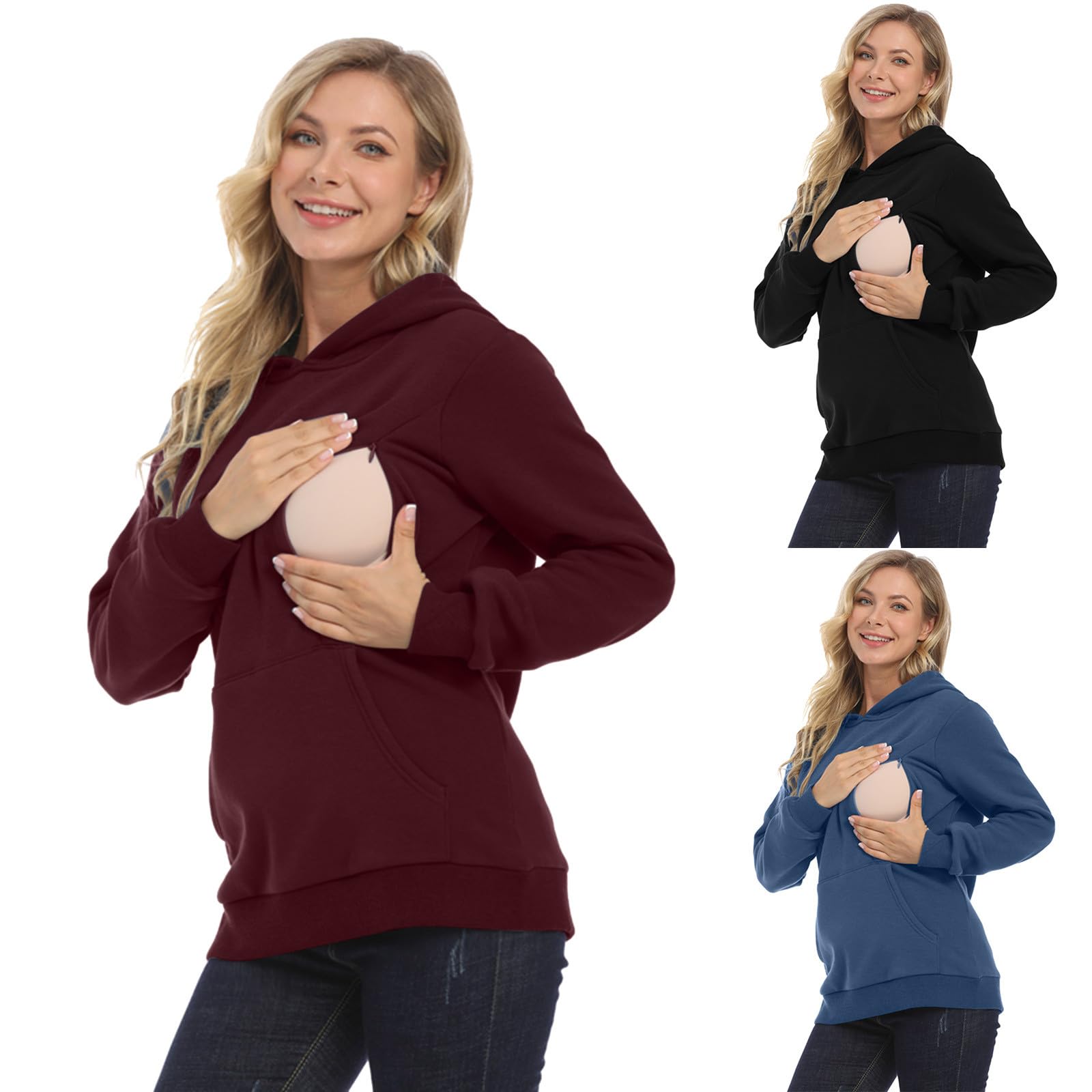 Pull à capuche pour femme enceinte en coton - Haut d'allaitement - Mode de maternité - Sweat à capuche pour l'allaitement - Pull chaud rembourré - Combinaison d'allaitement en polaire