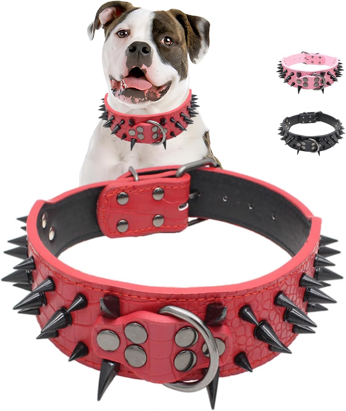 Spiked Dog Collar, Sharp Spike Studded Anti-Bite Protect Pets Neck Adjustable for Medium Large Breed Dogs as Mastiff Pitbull Pug Bulldog, Black Rivets 2-Inch Wide Red 21-24"