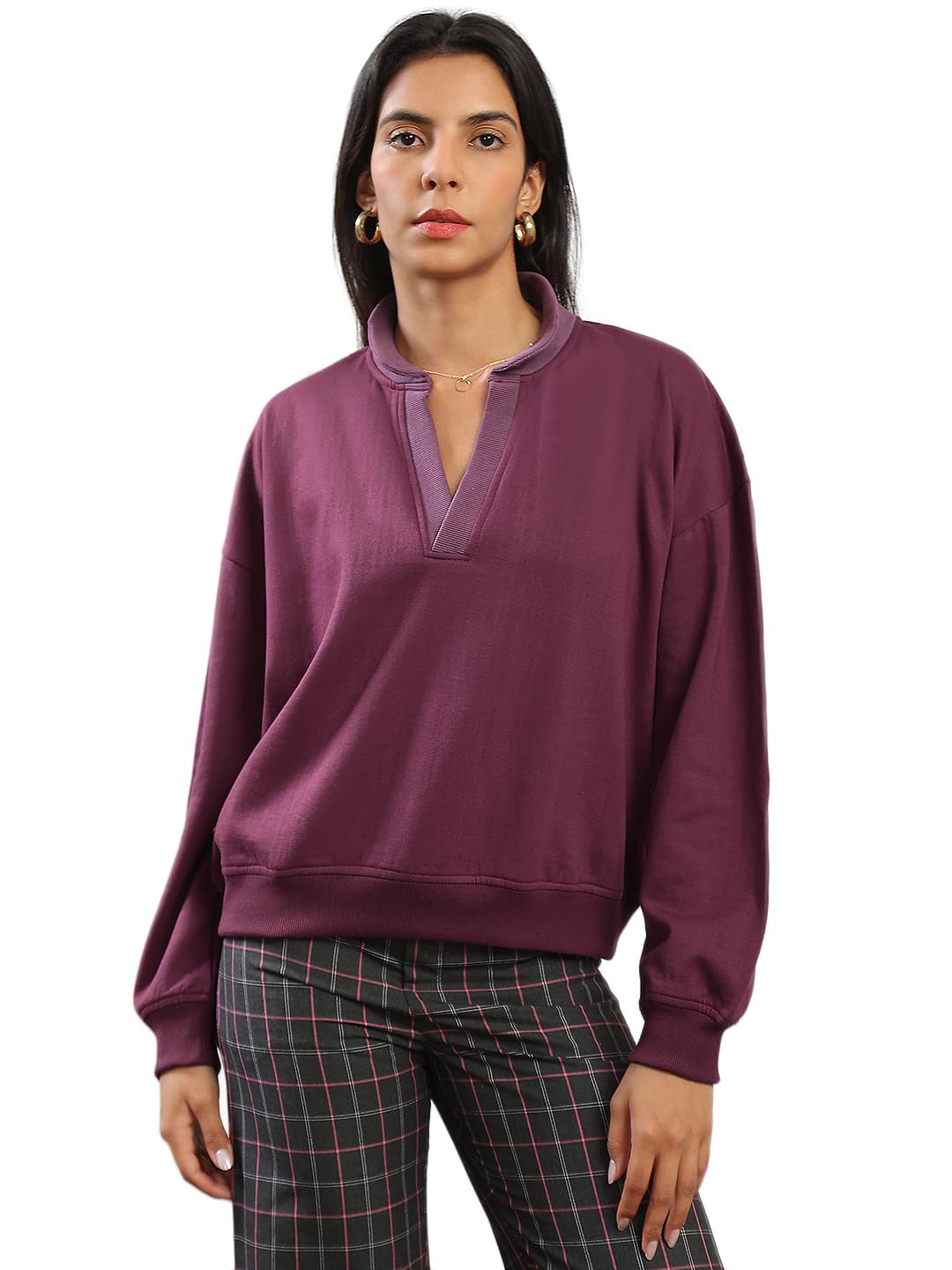 Women Contrast Color Shirt Collar Drop Shoulder Sleeves Ribbed Hem Pullover Sweatshirt (Fleece 260-280 GSM)-image-22