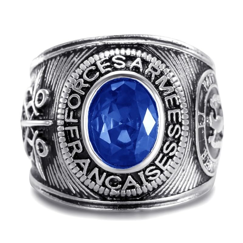 BOBIJOO Jewelry - Chevalière Universitaire Forces Armées Françaises Acier Inoxydable Argenté Noir Pierre Bleue réplique Saphir Honneur et Patrie - 63 (10 US)