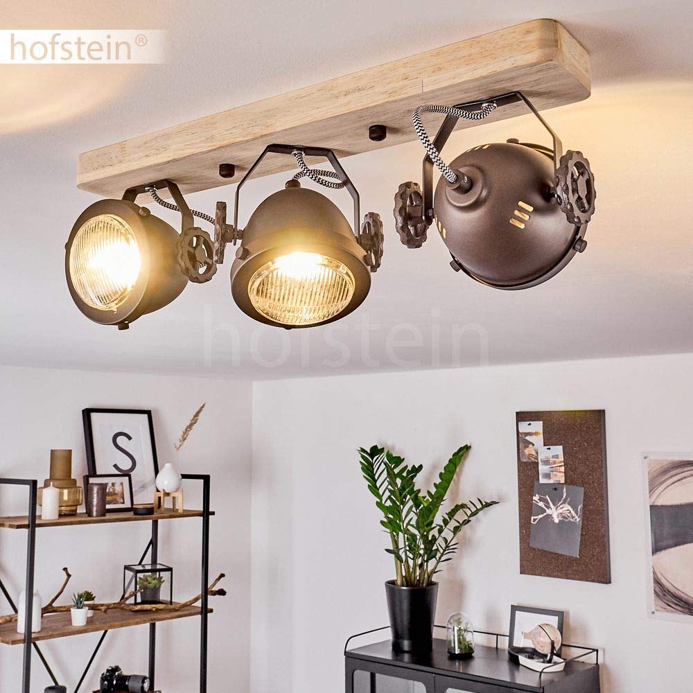 HOFSTEIN Deckenleuchte Herford, verstellbare Deckenlampe aus Metall/Holz/Glas in Natur/Braun/Klar, Leuchte im Industrial/Retro/Vinntage-Design, 3 x GU10, Esszimmmer, Schlafzimmer, Wohnzimmer, Küche