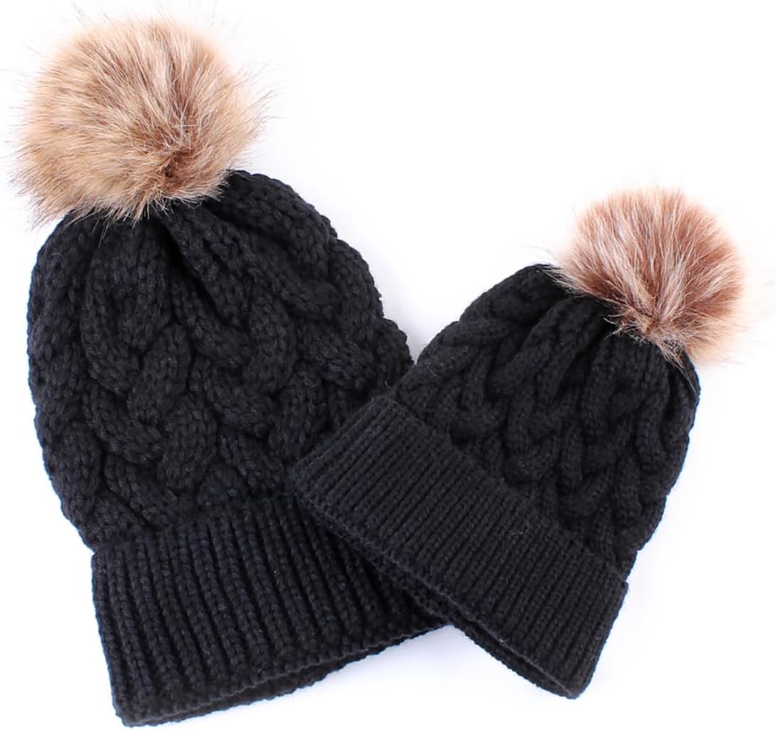 2PCS Winter Parent-Child Hat, Pompom Knitted Hats for Baby and Mom, Faux Fur Balls Thicken Skull Cap