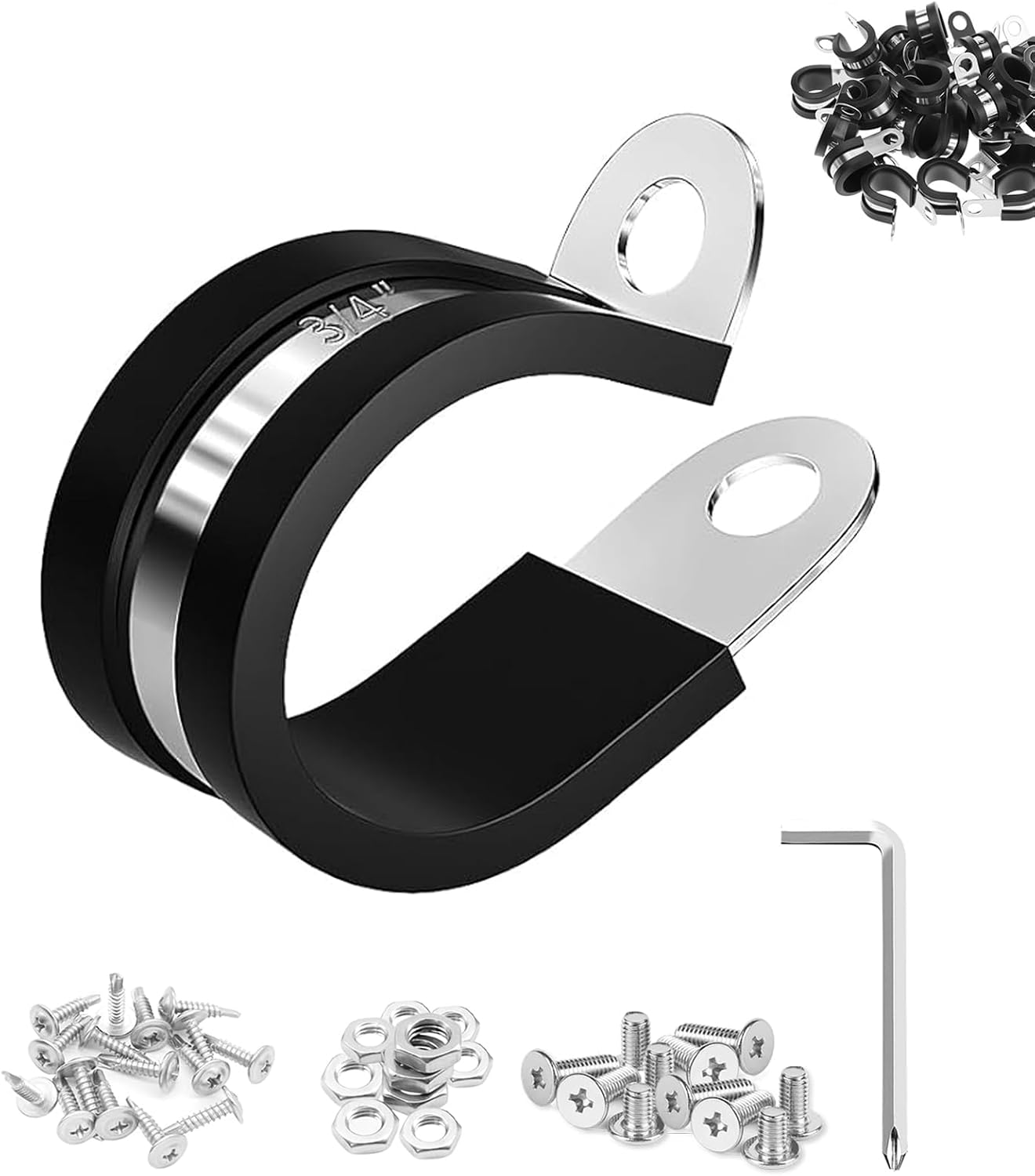3/4 Inch Stainless Steel Adel Clamp, 26 Pcs Heavy-Duty Insulated P Clamps with Rubber Cushion, Cable-Clamp-Kit for Automotive Brake Lines, Industrial Machine Wiring & Workshop Use (10 pack 19mm)