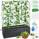 50x65x18 Inch Cucumber Trellis for Raised Bed - with 46 Gallon Grow Bags, Garden Trellis for Climbing Plants Outdoor with Climbing Net and Plant Support for Cucumber, Tomato, Vegetable, Grape, Vine