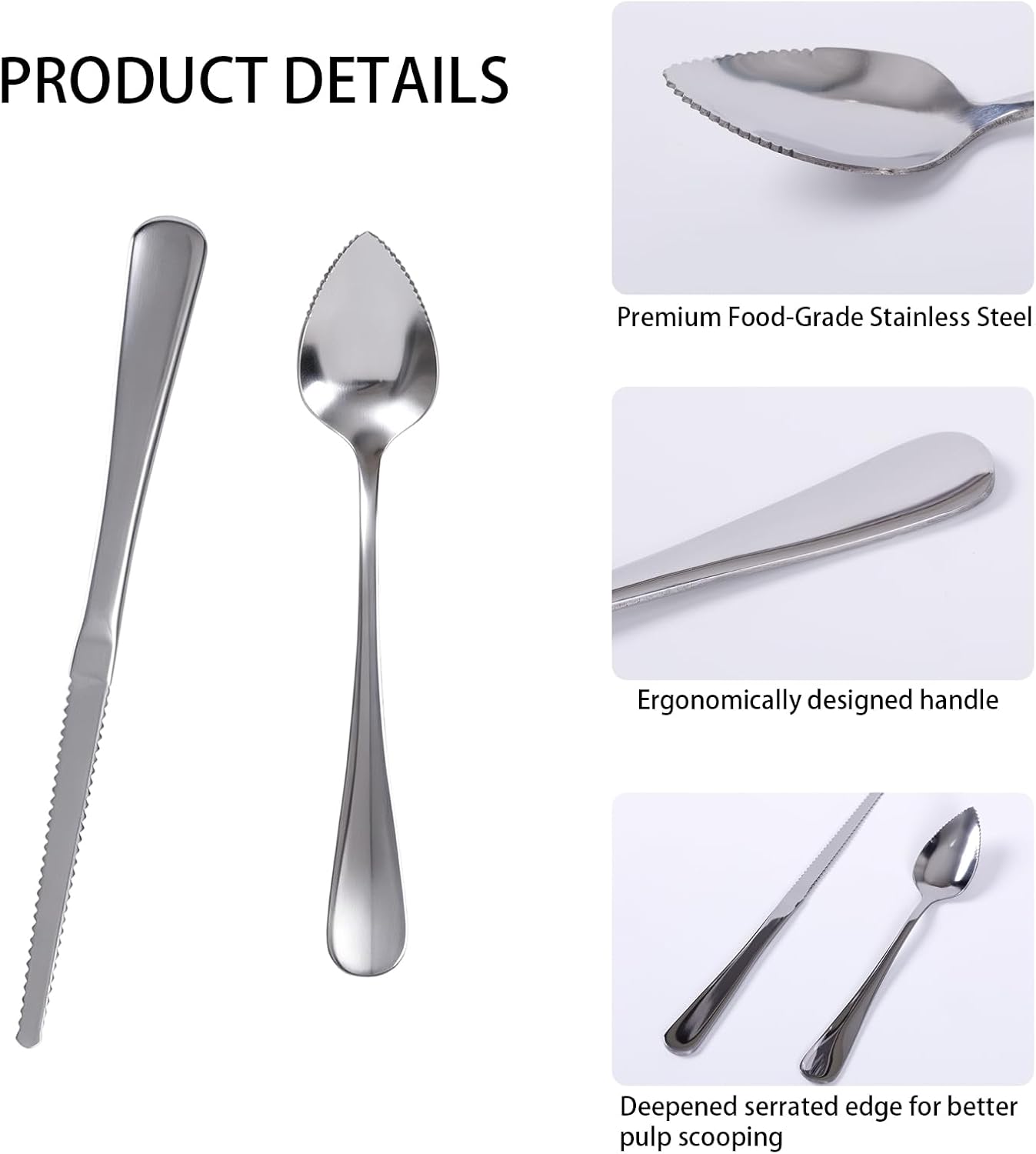 Silver Grapefruit Spoons & Knife Set for Citrus, Kiwi, Dessert
