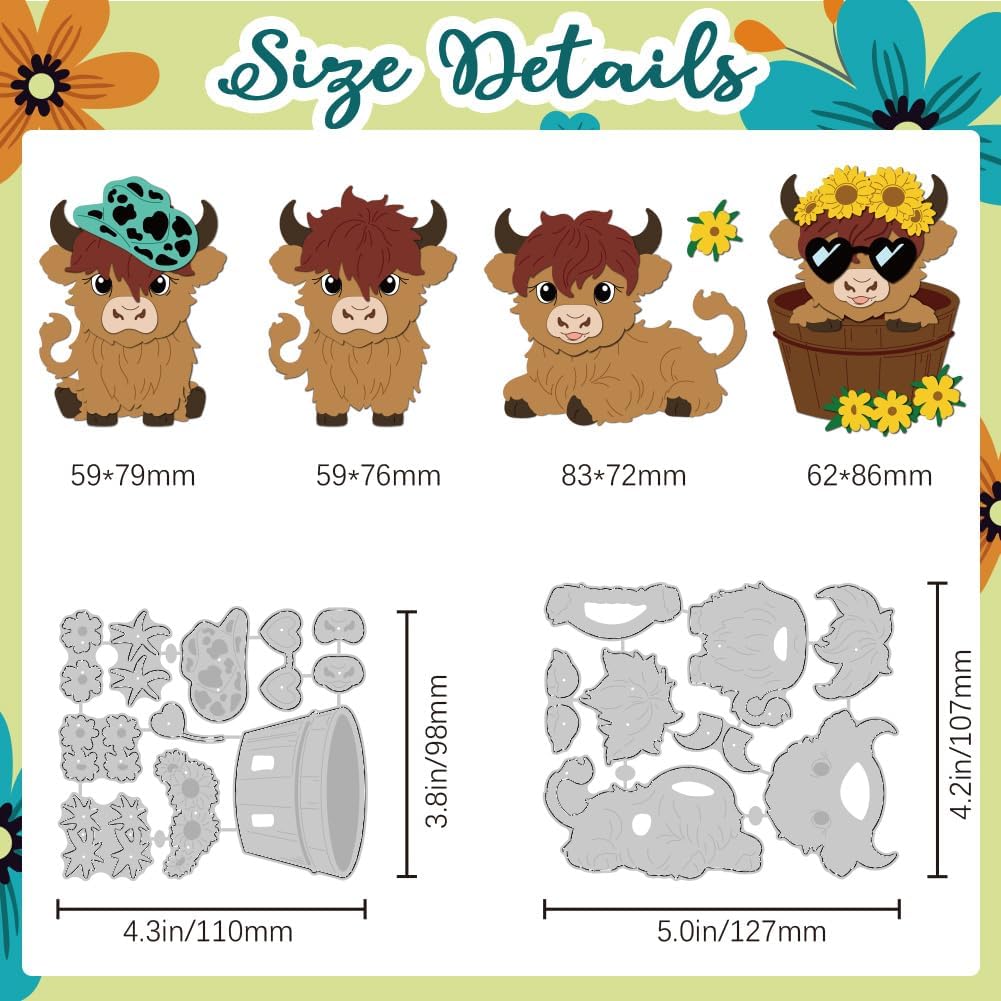 Highland Cattle Cutting Dies Flower Cute Cow Card Making Die Stencil Metal Die Cuts Card Scrapbooking Embossing Template Dies for Greeting Cards Craft Paper Album Invitation Festive Decor
