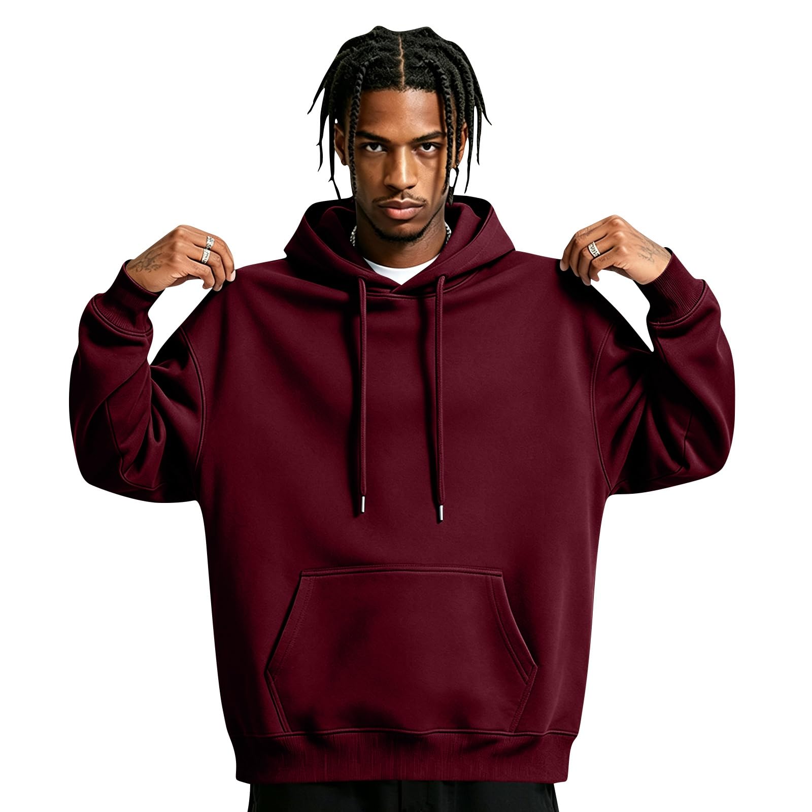 Mens Hoodies Pullover Loose Fit Long Sleeve Jumper Casual Streetwear Wine