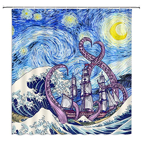 Yssfav Cool Octopus Shower Curtain Ocean Kraken Sailboat Tentacles Adventure Summer Bathroom Decor Curtain Set With Hooks #TOP4