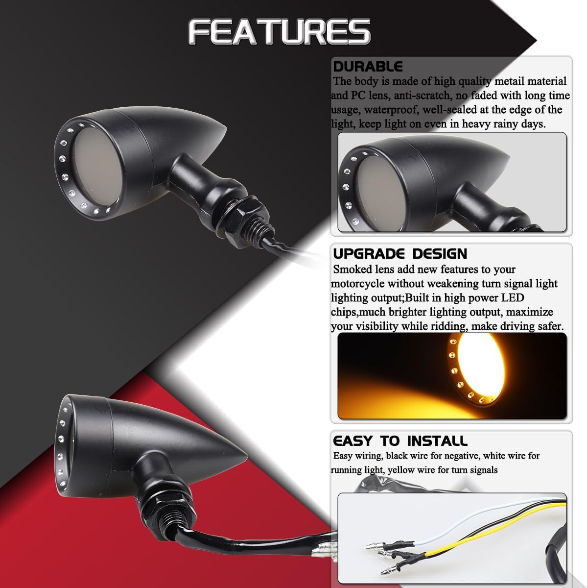 Bullet Front Rear LED Turn Signal Lights Universal Motorcycle Brake Taillights 12V Running Light Compatible with Honda Dual Sport Harley Yamaha Suzuki Kawasaki, Black