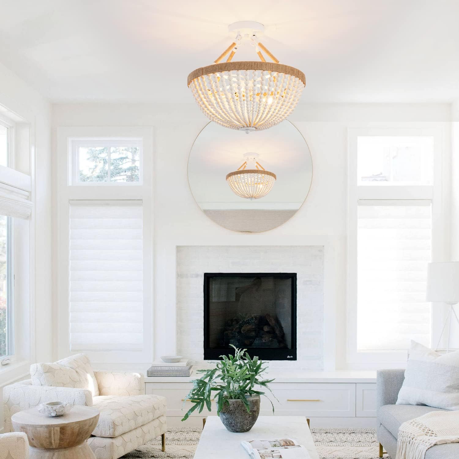 Wood Beaded Mini Chandelier Farmhouse Bohemia Semi Flush Mount Ceiling Light Rustic 3-Light Ceiling Lighting Fixtures for Bedroom Dining Nursery Room Girl Room Hallway, White, Dia 15 Inch