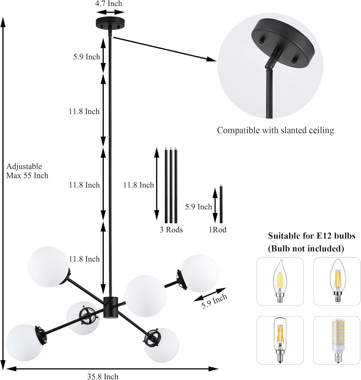36" modern sputnik chandelier ceiling light fixture,black mid century 6-light chandeliers over table with white globe glass shade for dining room,living room,kitchen island pendant light