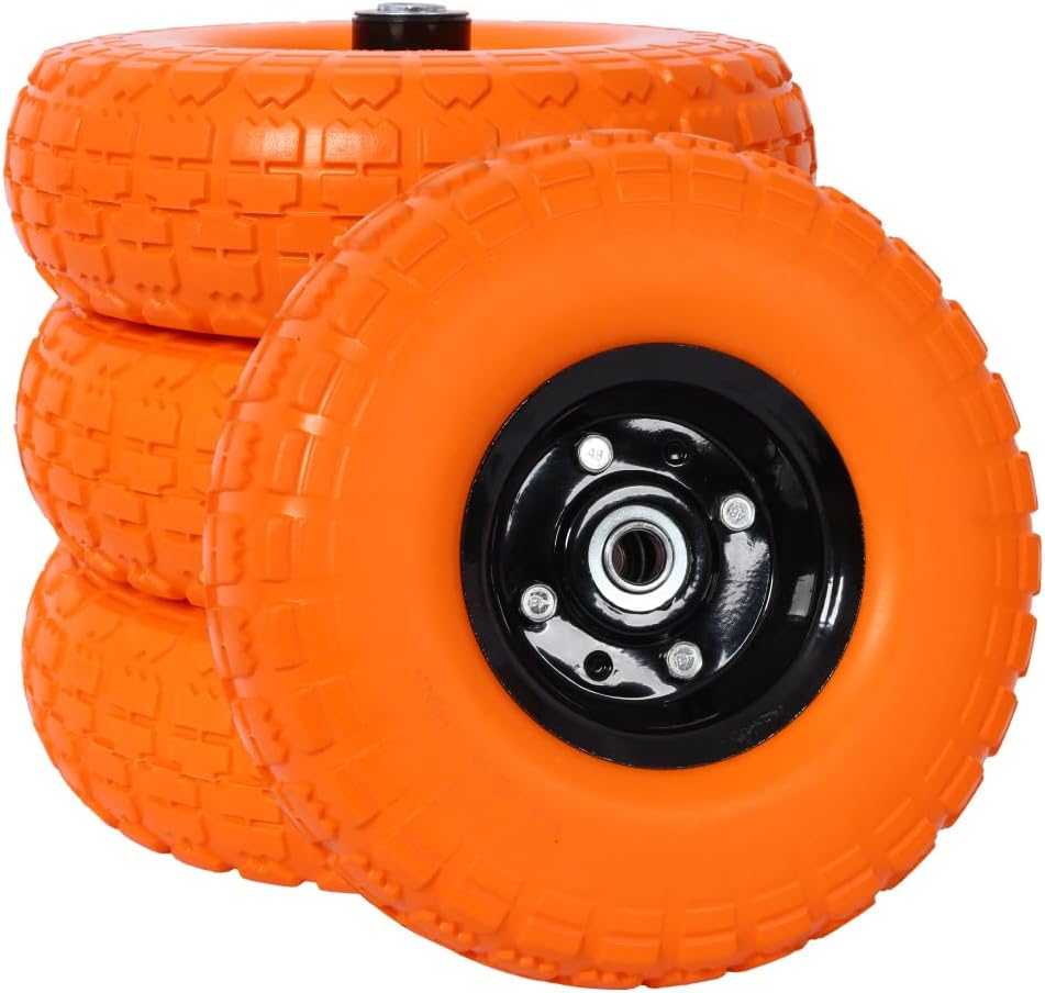 Heavy-Duty Flat free PU foam Tire and Wheel - 4.10/3.50-4", 10" Diameter, 5/8" Axle Bore Hole, 2.2" Offset Hub and Double Sealed Bearings for Hand Trucks Replacement (Orange)