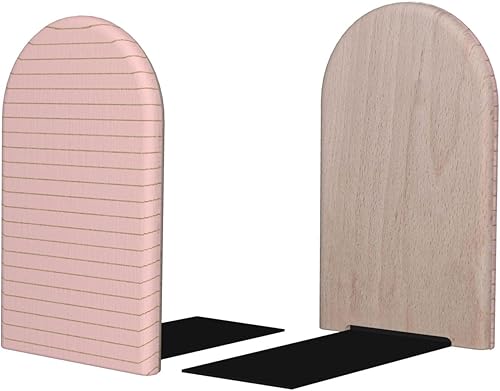 Miniatura 1 de Book Ends for Shelves 1 Pair - Retro Gold Pink Pinstripe Print A Wood with Metal Base Bookends for Heavy Books, Book Stand Organizer Holder for