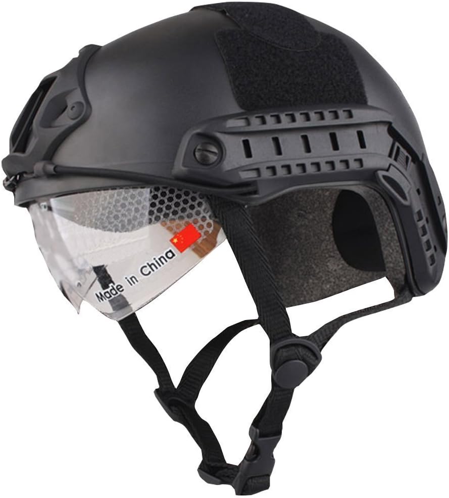 iMeshbean Black PJ Fast Airsoft Helmet, ABS, Paintball Helmet with Built-in Goggles, for Outdoor Paintball Games