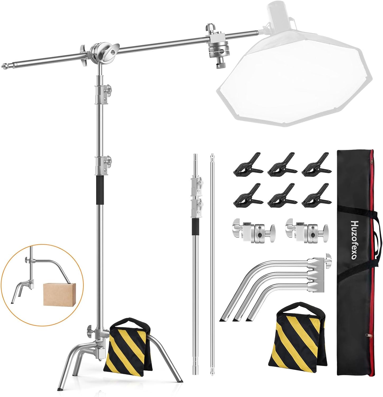Heavy Duty C Stand with Boom Arm 10.8ft/330cm, Stainless Steel Photography Light Stand with Lifting Leg & Holding Arm for Studio Reflector, Monolight, Softbox