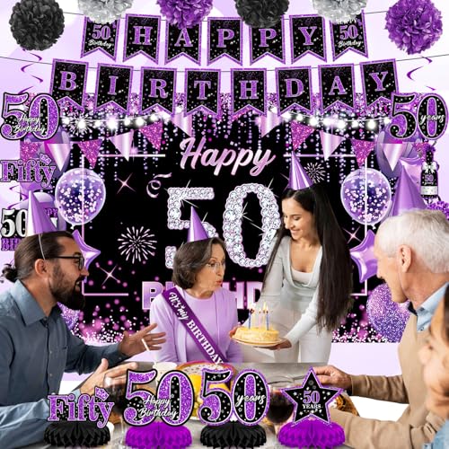Purple 50th Birthday Decorations Kit for Women Men Purple Black 50th Birthday Banner 50th Birthday Balloons Honeycomb Centerpiece Swirls Paper Pompoms Sash for Purple 50th Birthday Party Supplies by Innovoscape - Image 2