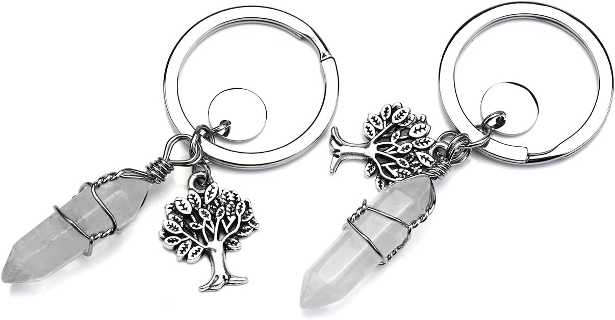 Jovivi Clear Crystal Quartz Hexagonal Gemstone Wire Wraped Crystal Healing Point Chakra Pendant Keychain Silver Tree of Life Charm Keyring