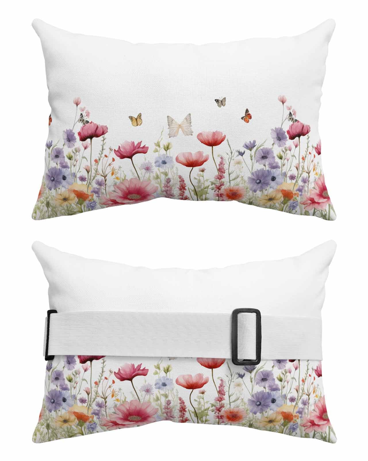 Outdoor Pillows Covers with Inserts Watercolor Red Purple Wild Flowers with Butterflies Waterproof Pillow with Adjustable Strap Throw Pillows for Patio Furniture Pool Lounge Chair, 12x20 Inch, 2PCS