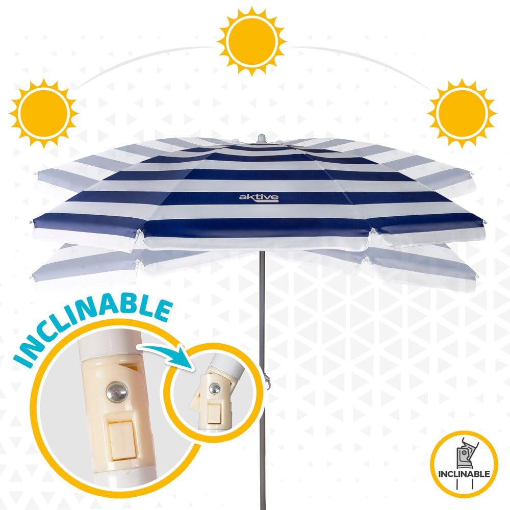 Aktive 62223 - Sombrilla de playa, Ø180 cm, con protección UV filtro 50, mástil Ø22-25 mm, incluye bolsa para transportarla, Sombrilla playa plegable, estampado a rayas marineras, Aktive Beach,