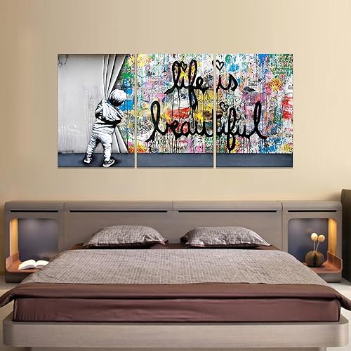 Miniatura 3 de Juego de arte de pared de graffiti grande, diseño moderno de Life is Beautiful carteles e impresiones adecuados para sala de estar, dormitorio,