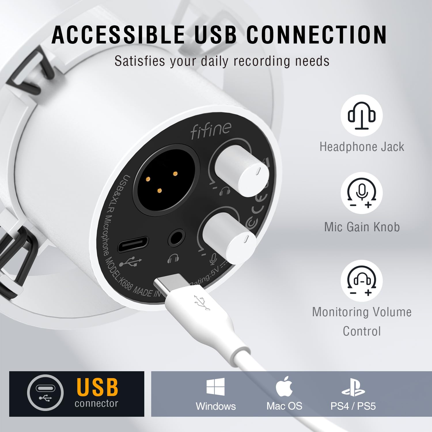 FIFINE Amplitank K688 Microphone dynamique de studio XLR/USB avec bouton de gain, contrôle des écouteurs, microphone vocal XLR/USB XLR/USB Blanc