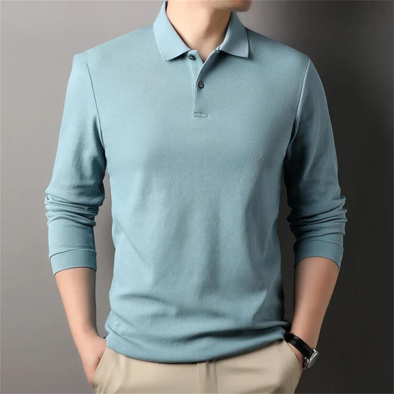 Herren-Poloshirt aus reiner Baumwolle, Freizeit, langärmelig, atmungsaktiv, Revers, T-Shirt, perfekt für Golf und Sport