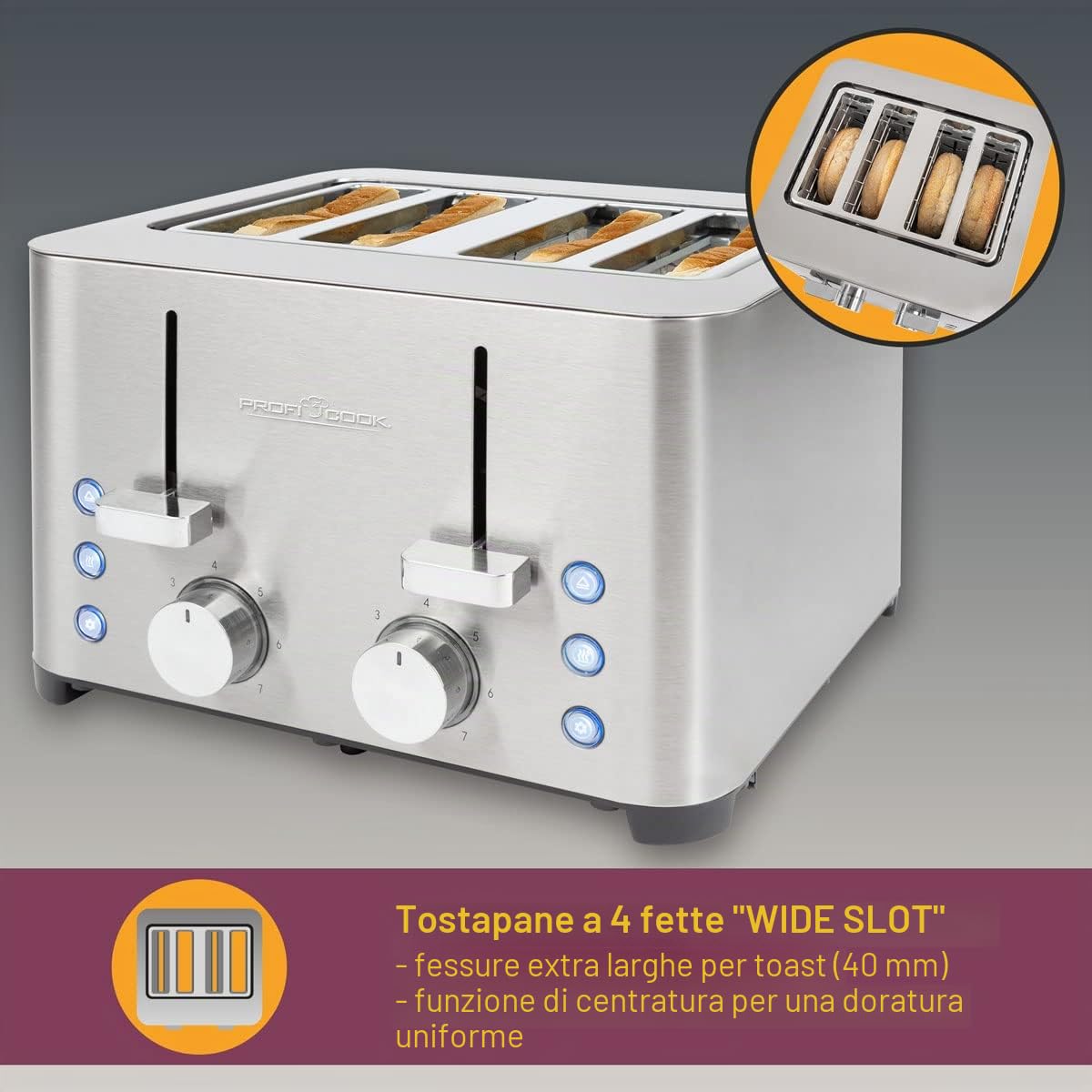 ProfiCook Tostapane, tostapane a 4 dischi, con 2 elementi di comando separati, funzione di scongelamento, riscaldamento/arresto rapido, tostapane con piano pane, tostapane in acciaio inox, PC-TA 1252