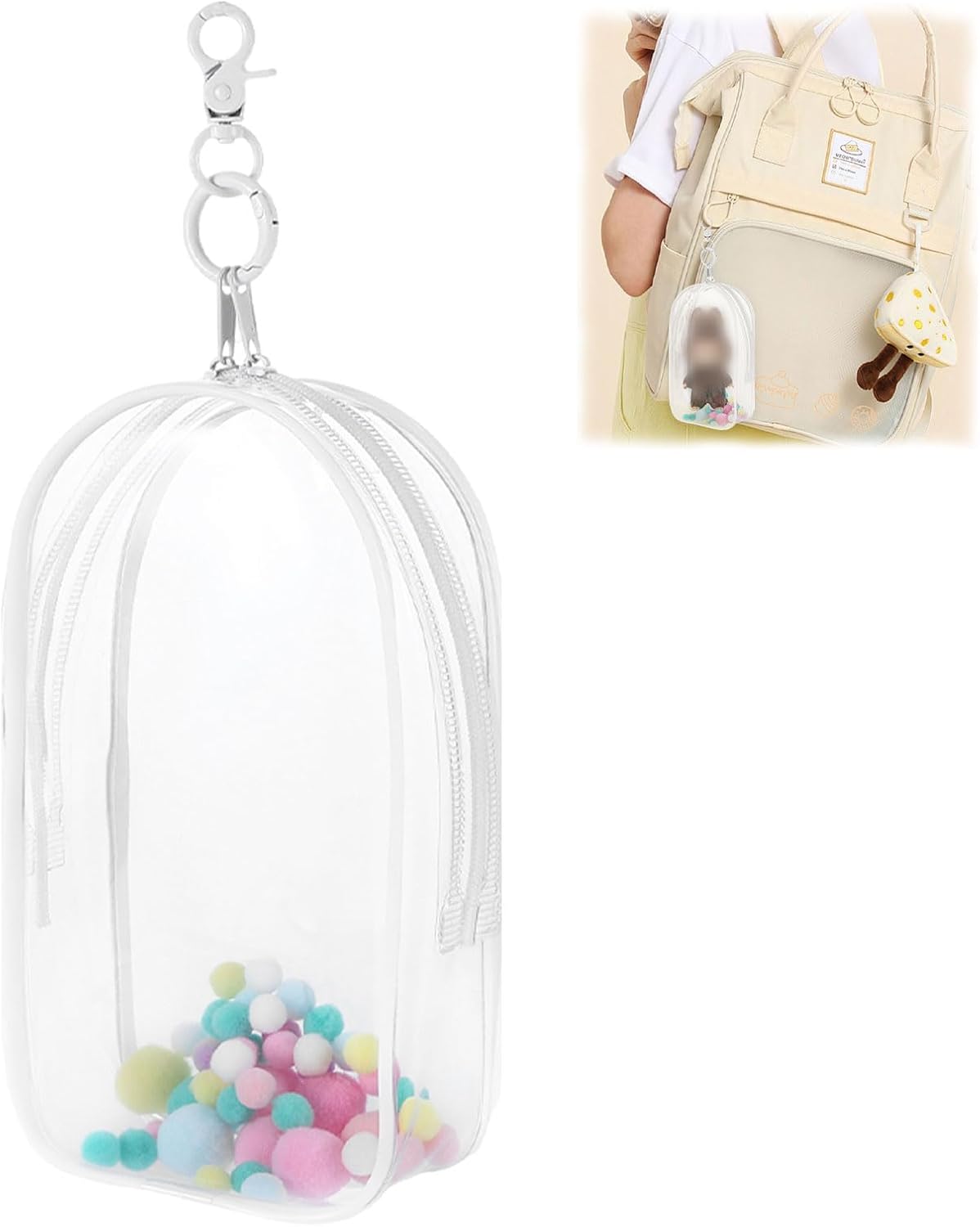 Clear Figure Display Bag with Keychain Case, Thickened Clear Keychain Pouch Dolls & Blind Box Storage with Zipper Closure, Portable Dustproof Collectibles Case Figures(White)