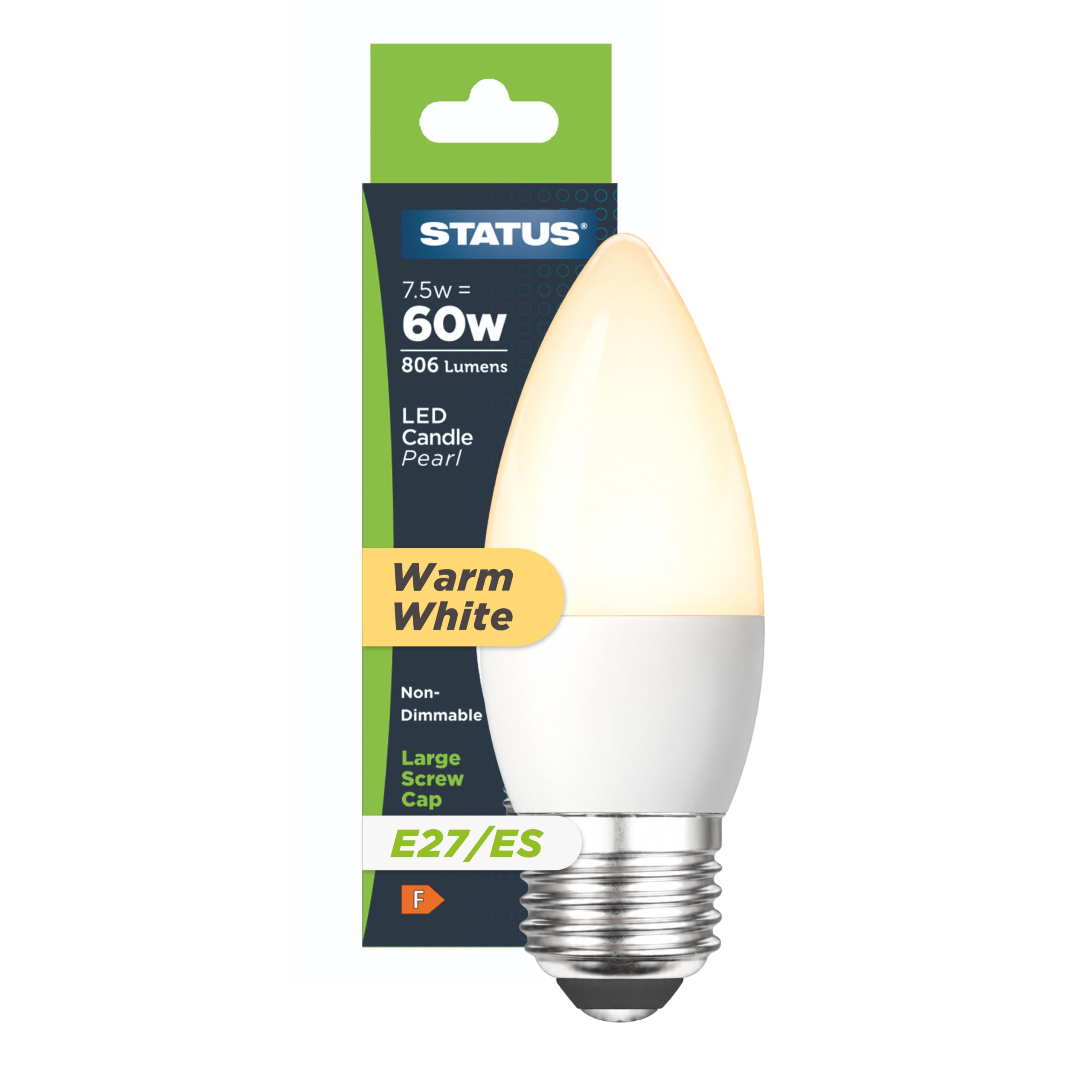Status 7.5w = 60w = 806 lumens LED - Candle - E27 - PA - Pearl - Warm White - 1 pk Box - in White CDU