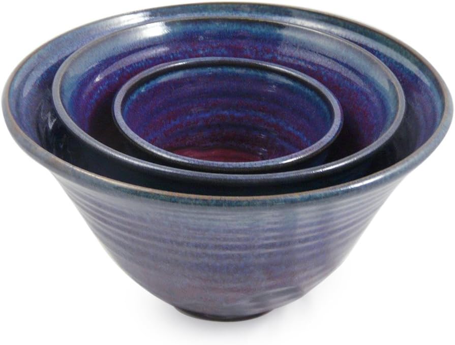 Modern Artisans Plum Perfect 3-Piece Large Nesting Mixing Bowl Set, American Made Stoneware Pottery