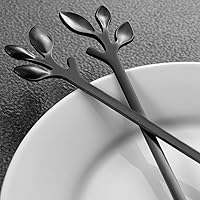 Vista 8 de AnSaw 6 cucharaditas elegantes de mango largo de hoja negra, cucharas de acero inoxidable de 7.4 pulgadas para café y té, perfectas para mezclar