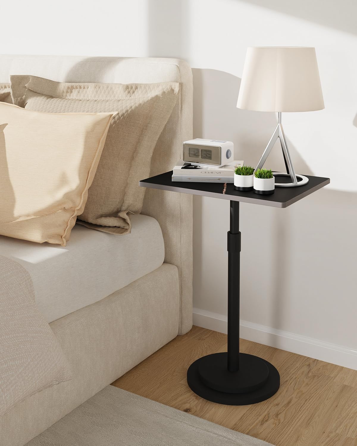 Small Side Table, Height Adjustable Nightstand, Square Indoor Metal Plant Stand, for Living Room, Bedroom, Office, Bathroom, 1 Pack, Black, GBZ001RB-1