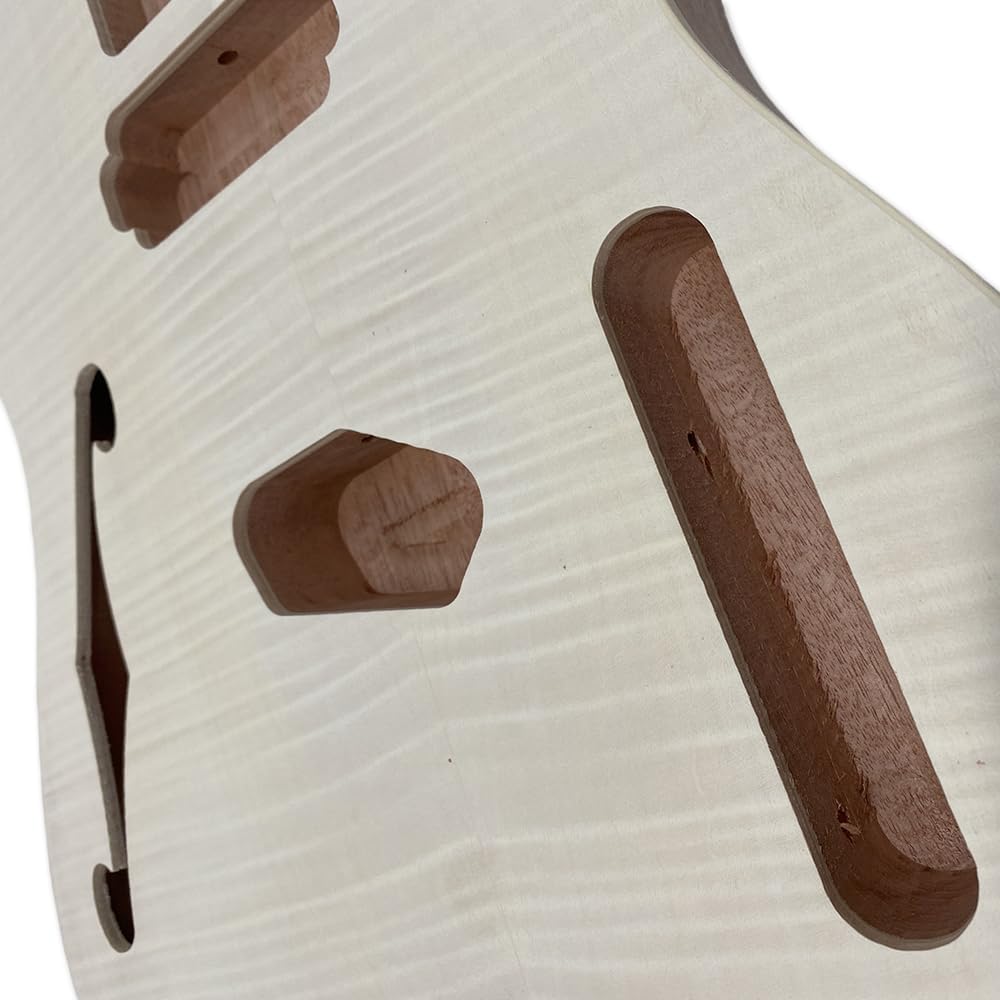 Semi-Hollow Guitar Body–Mahogany with Flame Maple Veneer, F-Hole, Unfinished DIY/Replacement (No Pre-Drilled Holes)
