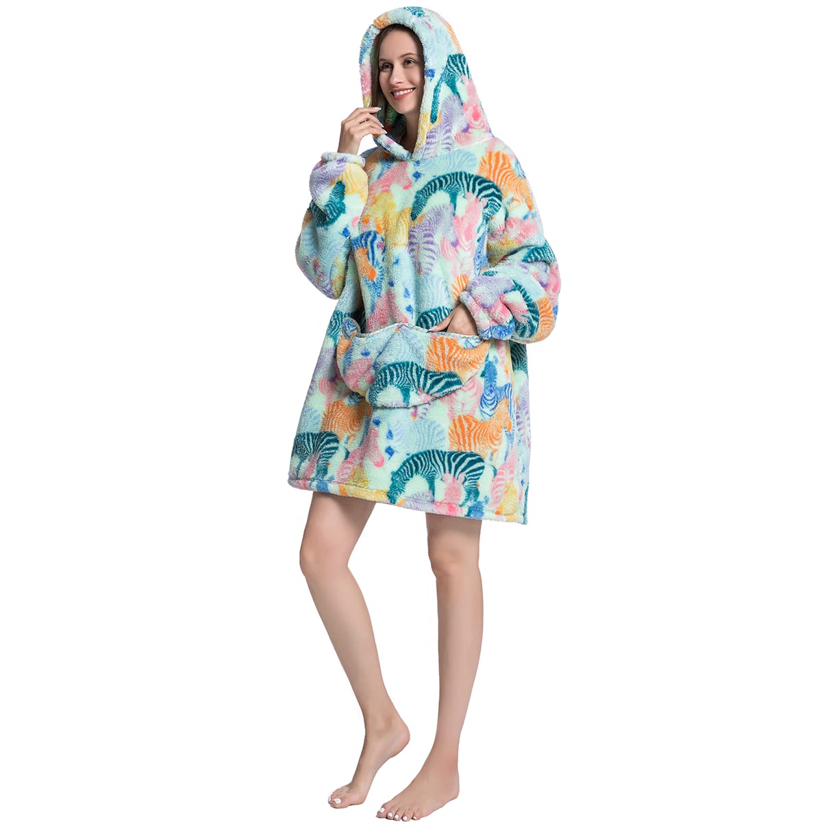 AIFLM Oversized Wearable Blanket Hoodie for Women Men Cute and Funny Patterns Hoodie Sweatshirt Blanket Cozy Warm Hoodie Blanket(Zebra,Regular