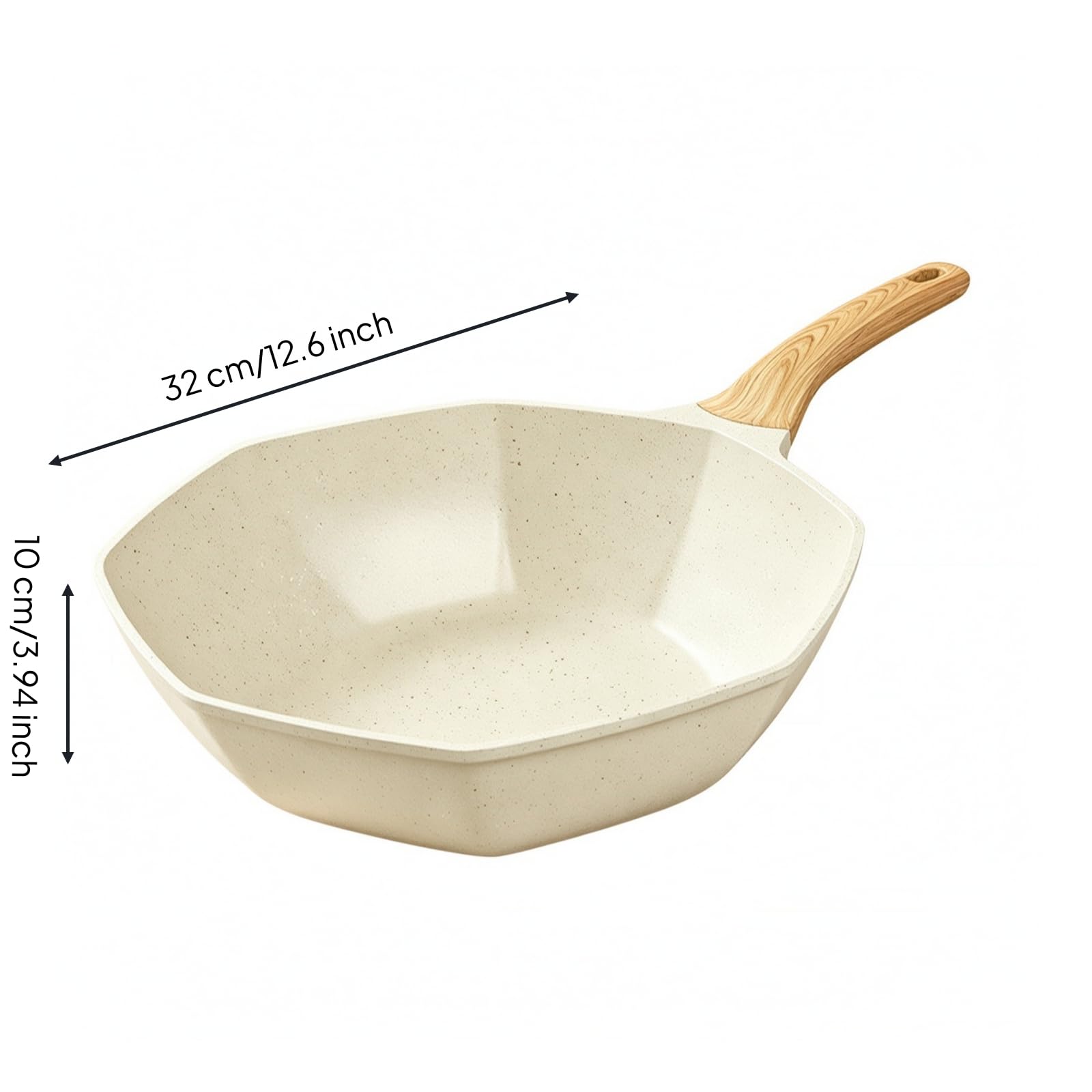 Wok Ottagonale con Rivestimento in Pietra Rivestimento in Pietra Robusto Wok con Manico Legno Salvaspazio Pentola per Famiglie, Fritture Saltate, 32CM A