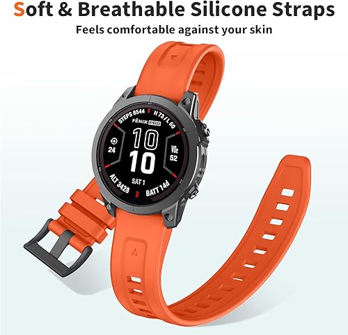 22mm Watch Band for Garmin Fenix 7/ Fenix 6/ Fenix 5/ Fenix 8 47mm/ Tactix 8 47mm, Soft Silicone Replacement QuickFit Bands for Quatix 7/7 Pro, Fenix 5 Plus/Fenix 6 Pro/Descent G1/G2(Orange)