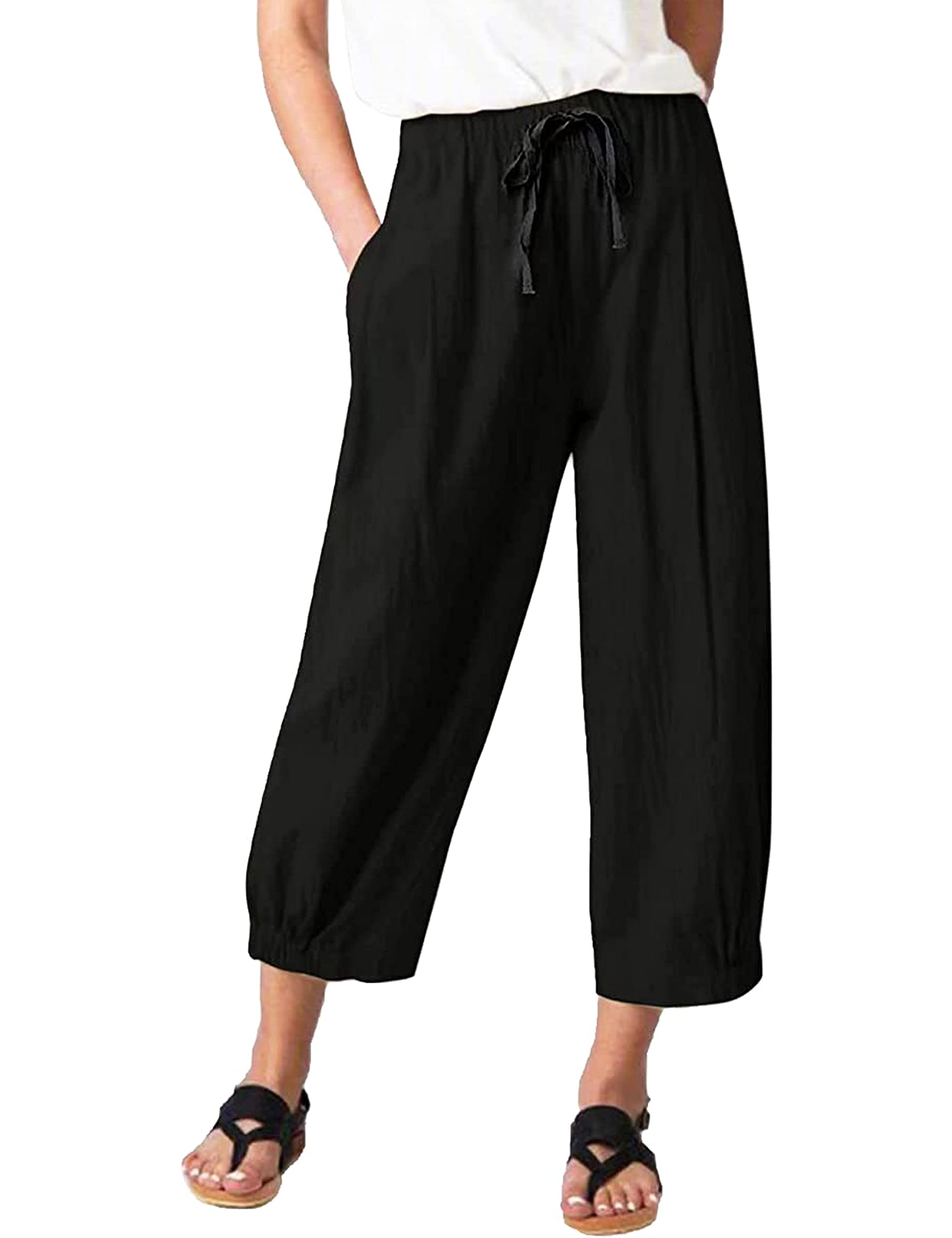 Womens Summer Capri Pants Elastic High Waist Drawstring Wide Leg Cotton Linen Work Pants with Pockets