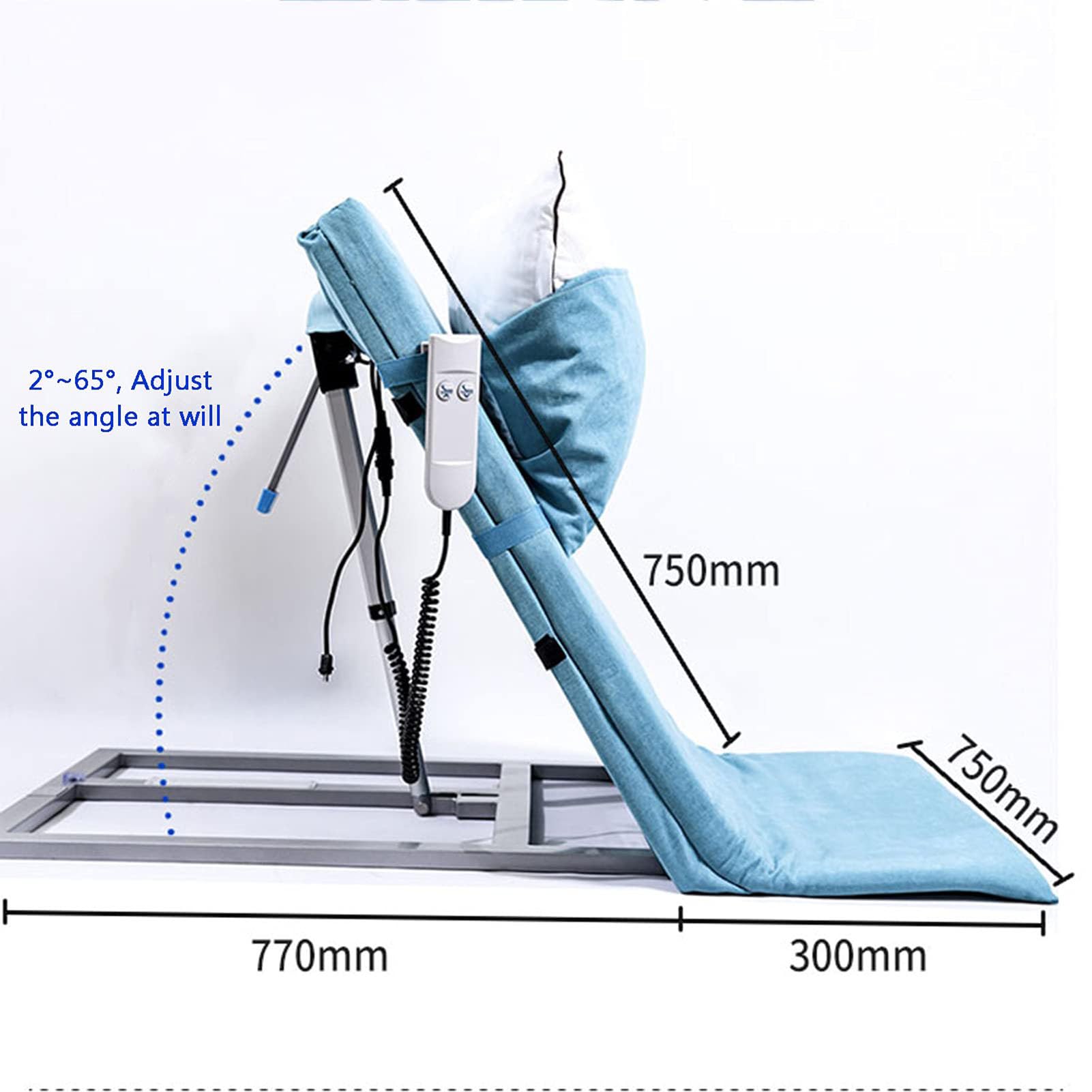 Respaldo de cama de levantamiento de potencia con almohada, soporte eléctrico ajustable para la recuperación después de la cirugía, capacidad de carga de 135 kg, color azul