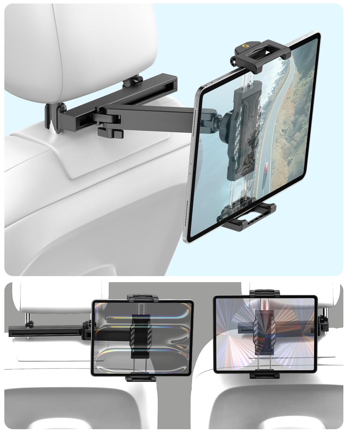 Support Tablette Voiture Appuie-tête pour 6,1 à 15,6 Pouce iPad [Bras Extensible Pliable] 360° Rotation Support pour Coque Épais pour iPad Pro 13 12.9 11 Air Mini, iPad 10.9, Galaxy tab, iPhone