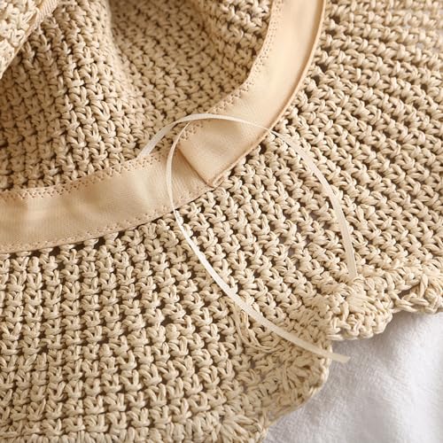 Greenery-Gre PT-44484 Summer Beach Sun Straw Hats For Women Ladies Wide Brim Lace Bow Floppy Packable Travel Bucket Hats Upf 50+ Crushable Uv Fishing Cap Foldable Sun Protection Hat Beige thumb #3