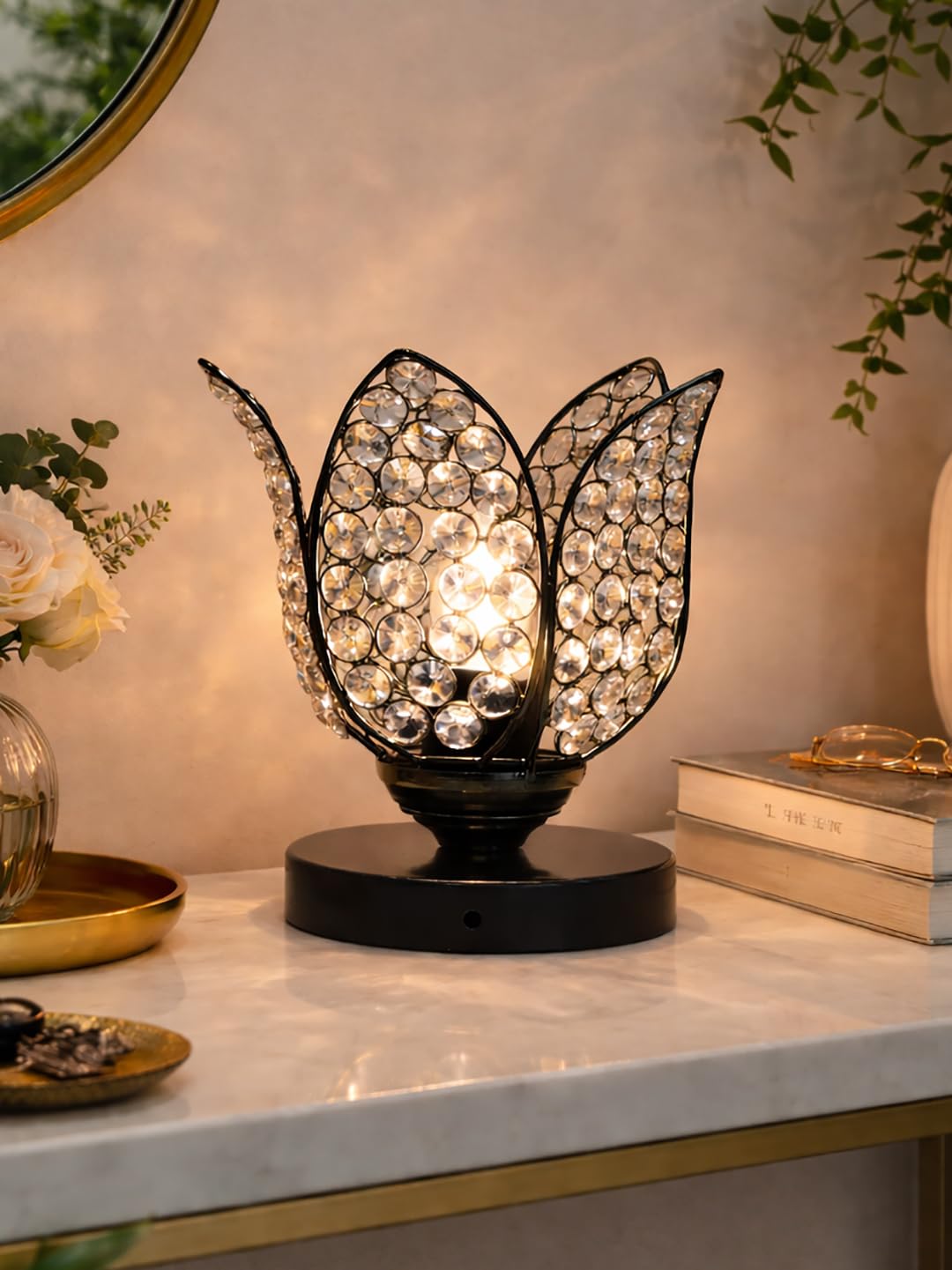 Crystal Lotus Table Lamp for Bedroom & Living Room | Modern Gold Decorative Desk Lamp | Warm White Night Lamp for Home, Office, Bedside & Corner Décor (Black)-image-16