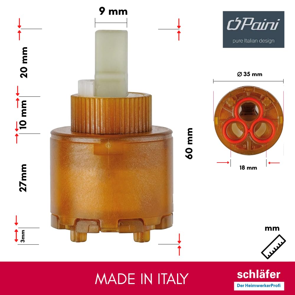 Schläfer 4500235 - Cartuccia di Ricambio Miscelatore Paini, 53CC956GM, Galatron GMA C1 - D.35, Bassa (35mm x H 60mm) 2 piedini per Rubinetto Bagno e Cucina, Kit Riparazione Antigoccia