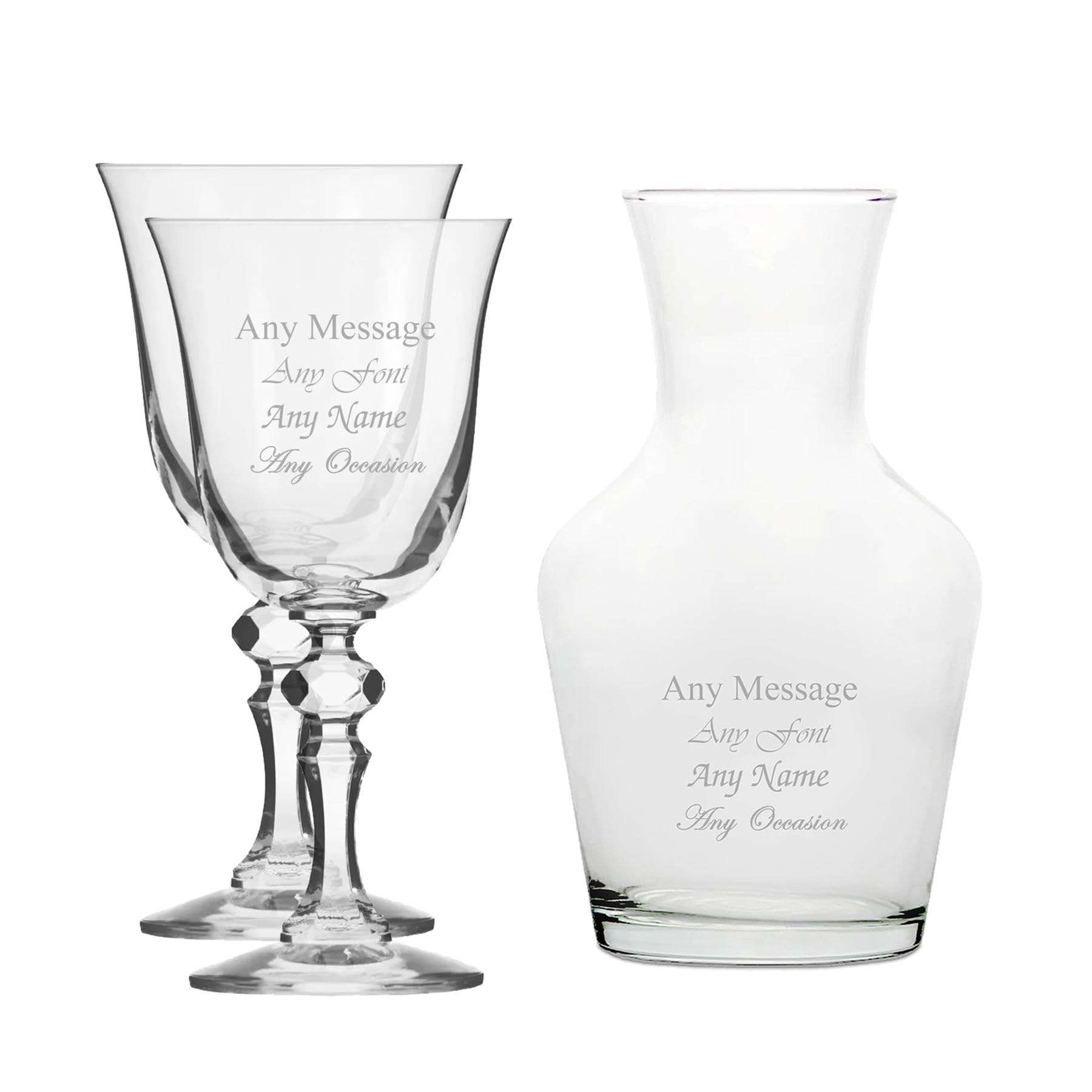 Juego de 2 copas de vino de jazmín de cristal grabado personalizado y juego de jarra Vin de 500 ml, personaliza con cualquier mensaje para cualquier ocasión, estiliza a partir de una variedad de