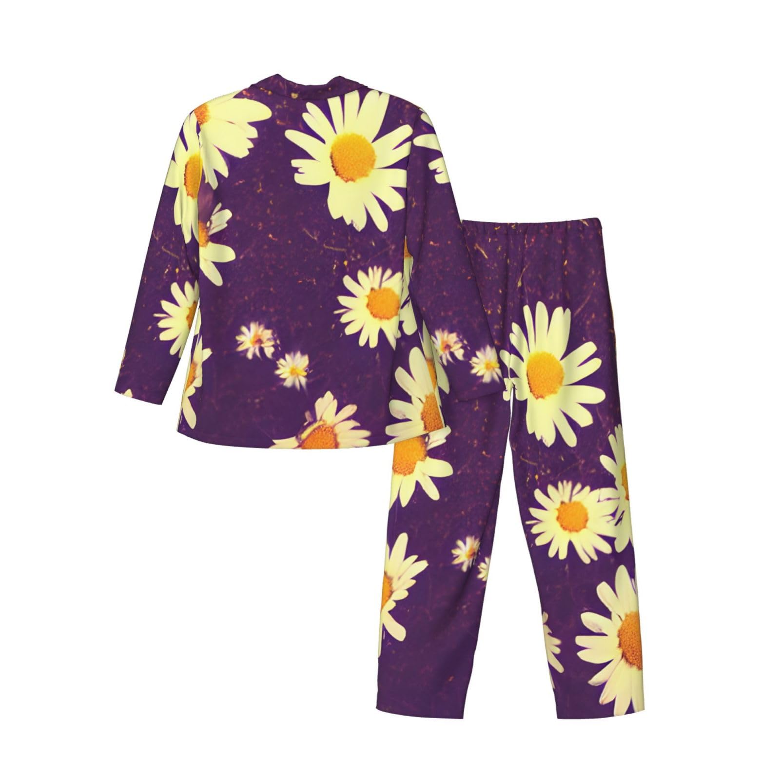 Herren-Pyjama-Set, langärmelig, Gänseblümchen, Violett, Blumendruck, zweiteilig, Hauskleidung, bequeme Nachtwäsche