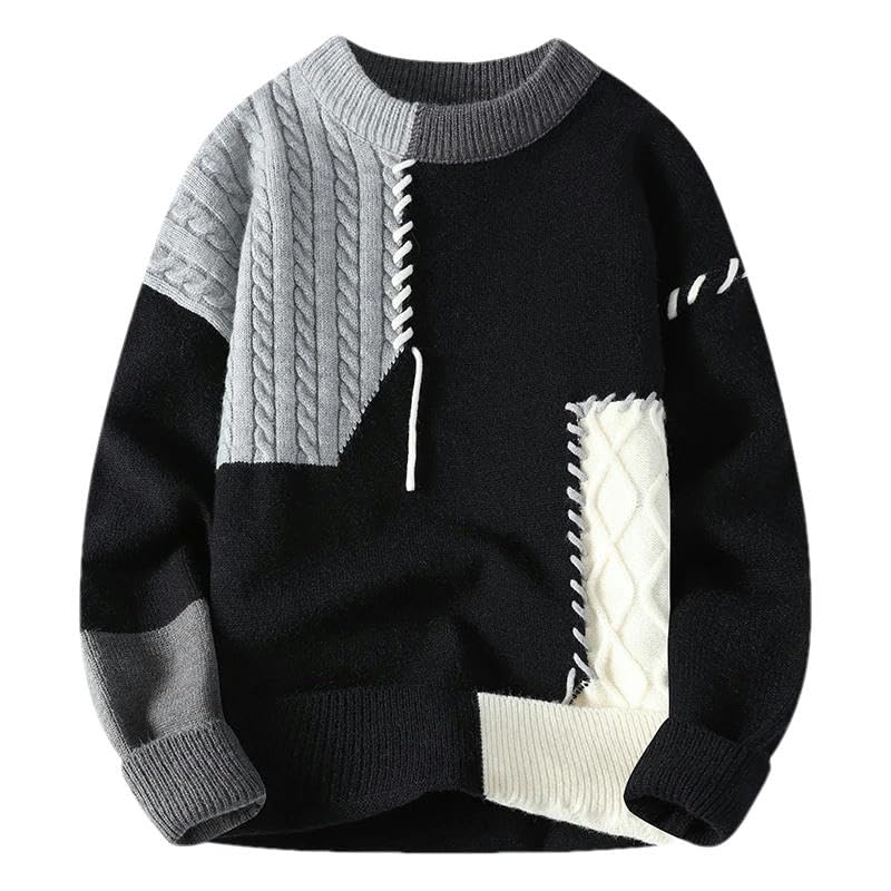 Autumn Winter Warm Men Knitted Sweaters Patchwork O-Neck Knit Pullovers Korean Streetwear Pullover Casual Clothing3
