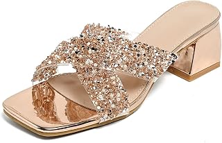 kkdom Square Toe Chunky Heels Sandals-Silver Black Gold Sparkle Glitter Rhinestone Low Heels Cross Strap Slip on Heeled Sandals Shoes for Party Dating Daily Work