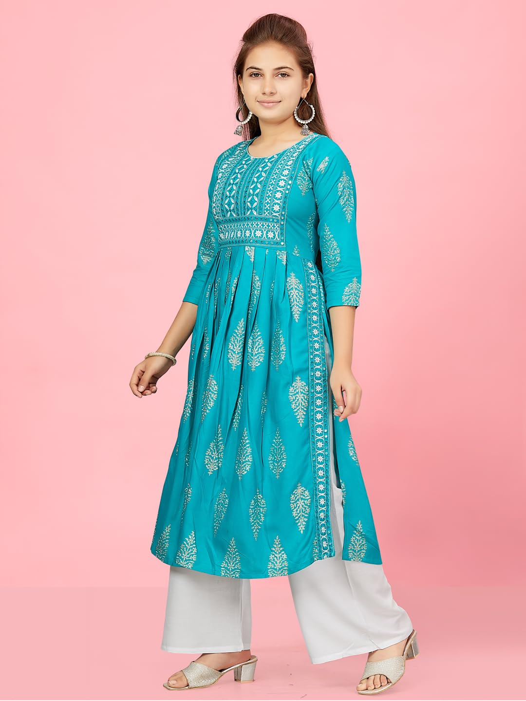 Aarika Girls C-Green-White Colour Cotton Kurti Palazzo Set (Pl-K-Ap-1119-Firozi-White-38)