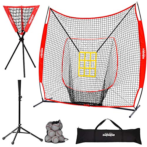 Zupapa Baseball Softball Practice Combo - 7X 7 Feet Net Tee Caddy 12 Pack Baseballs Set, Upgraded Vivid Strike Zone, Baseball Backstop Practice Net for Hitting Pitching Batting Catching